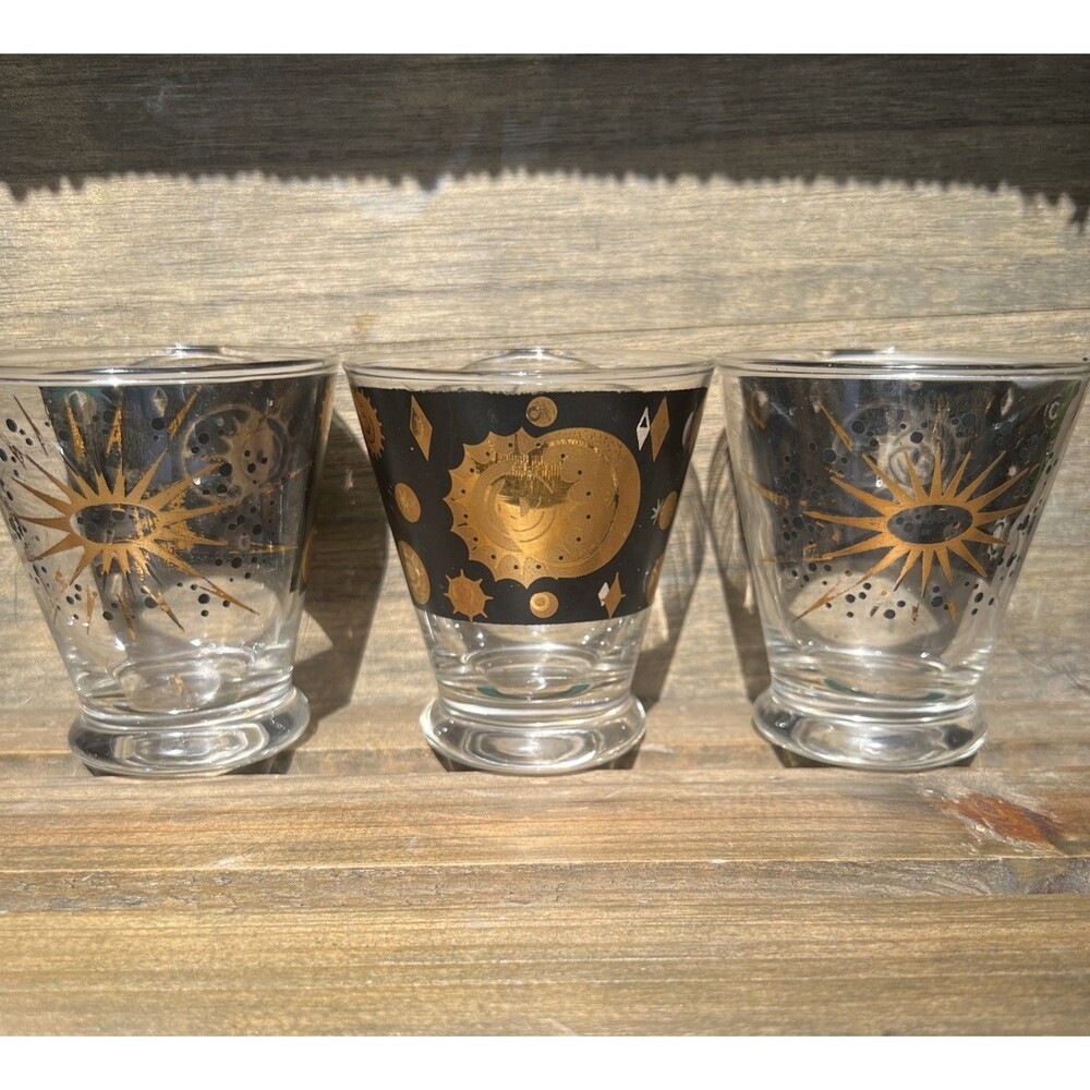 3 FRED PRESS Celestial Starburst Atomic Lowball Glasses 22k Gold & Black 1950s